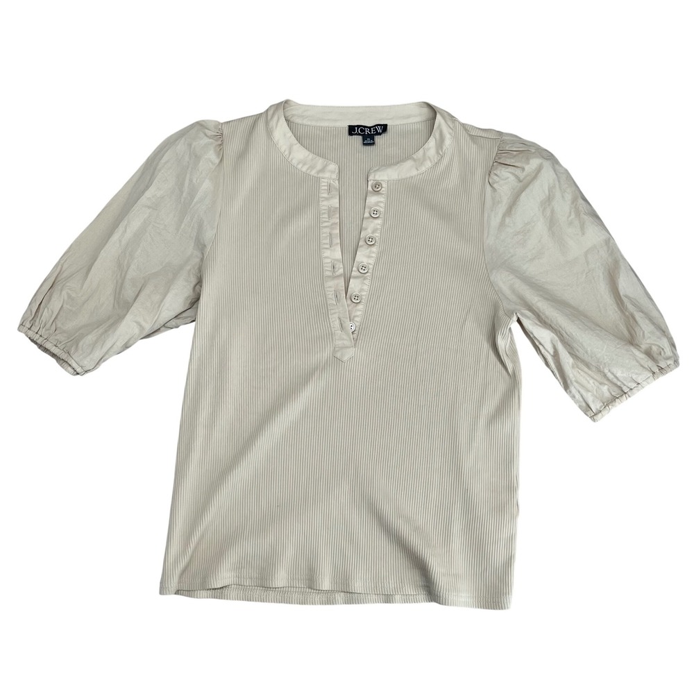 J.Crew Henley Puff Sleeve Top Womens XL Beige Ribbed Mixed Media Casual Boho